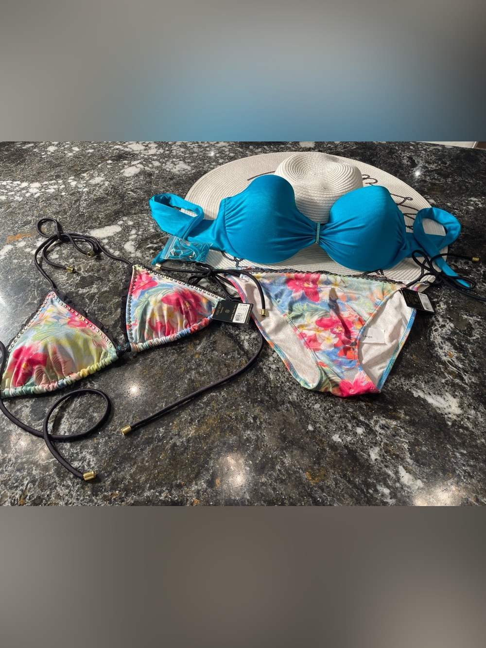 3 pieces swimsuit set bandeau 34DD, and large  triangle set & matching bottoms